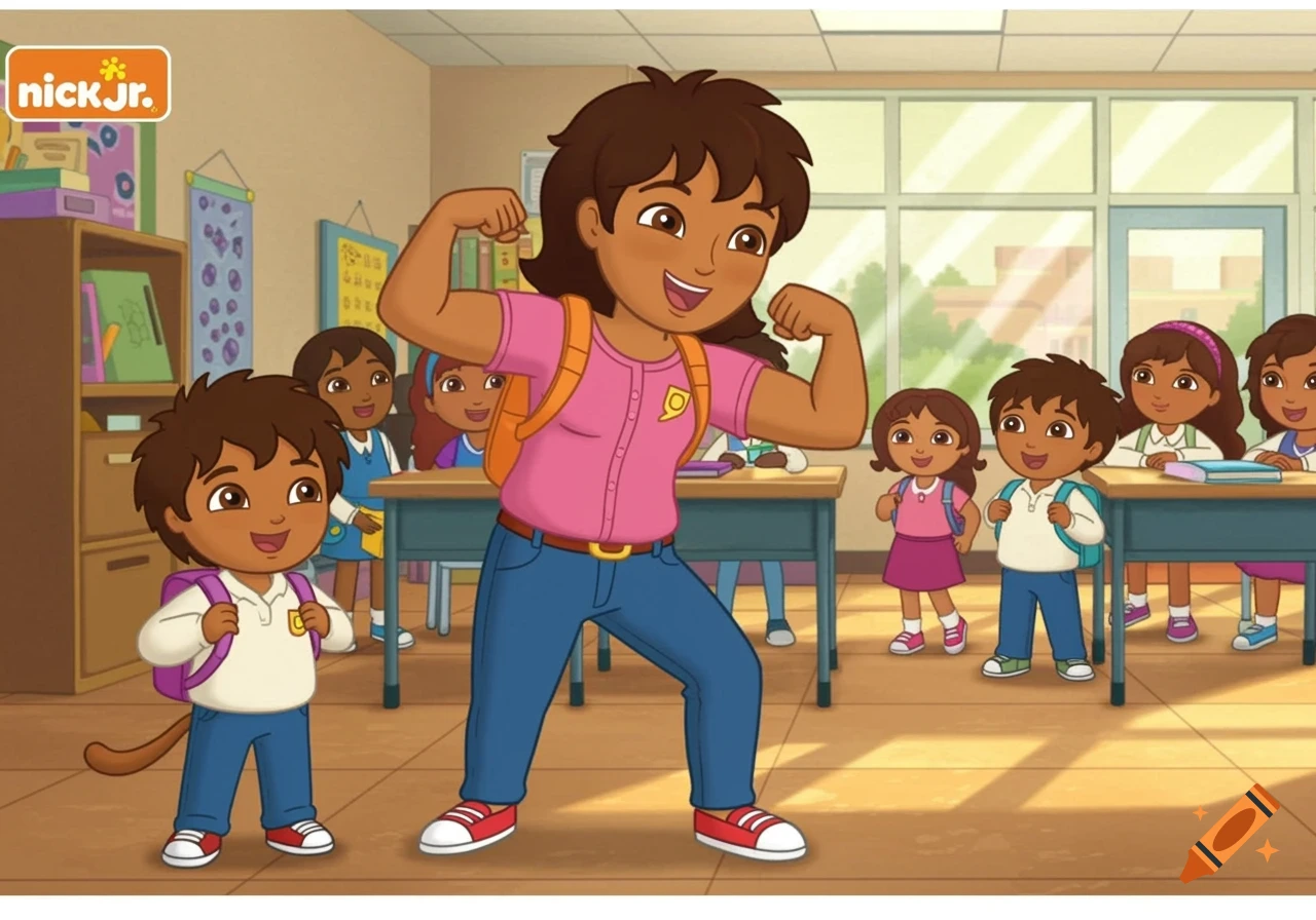 Diego's Mami flexes her muscles in a classroom full of children in Go Diego Go cartoon style.