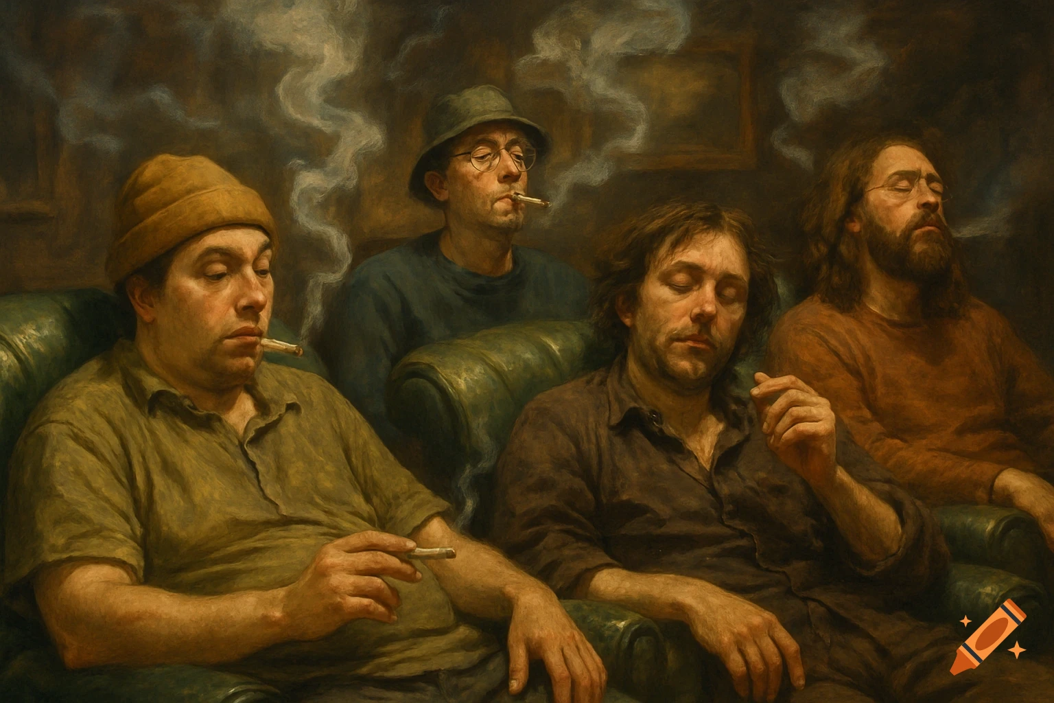 Painting of four men smoking cigarettes in a dark room.