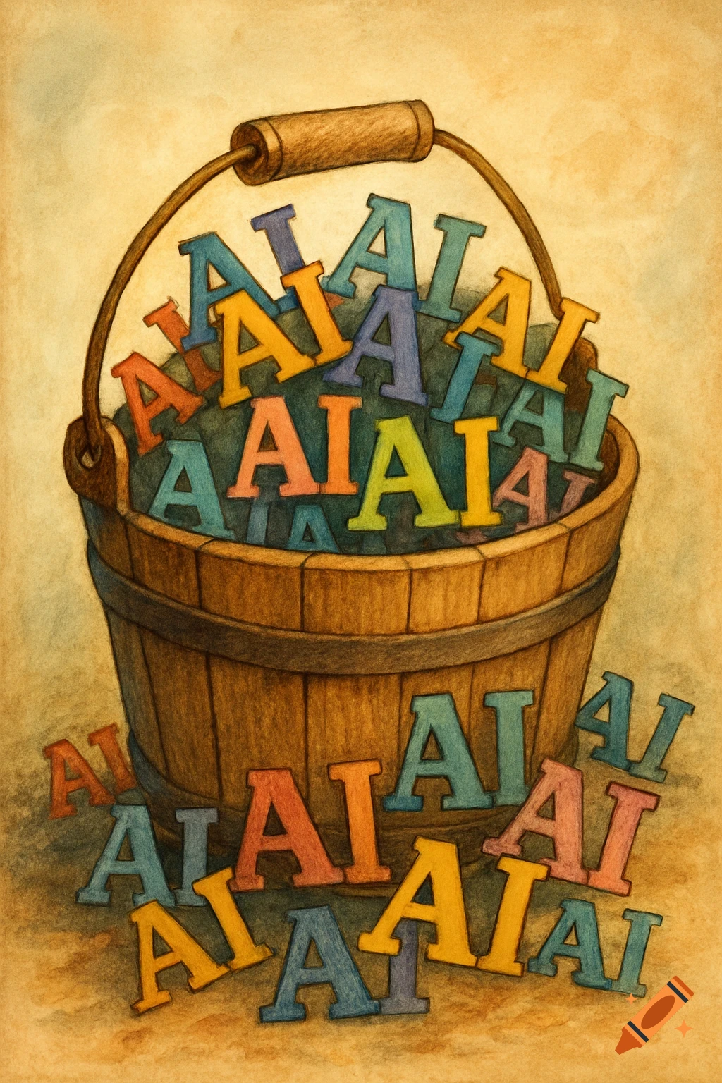Storybook style illustration of an old wooden bucket overflowing with colorful letter shapes, mostly 'A's and 'AI' pairs, spilling onto the ground.