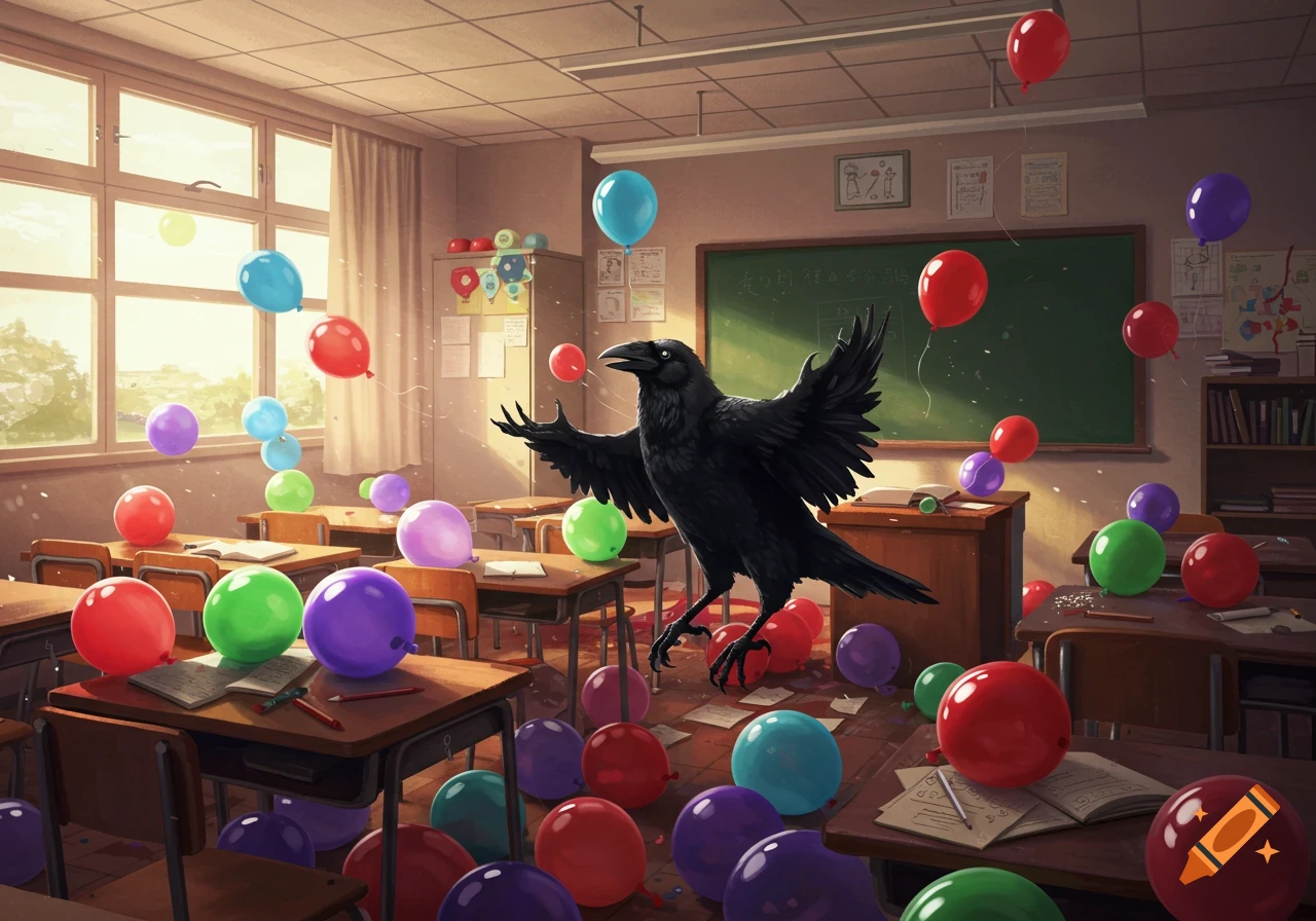 A black raven stands in a classroom overflowing with colorful balloons.