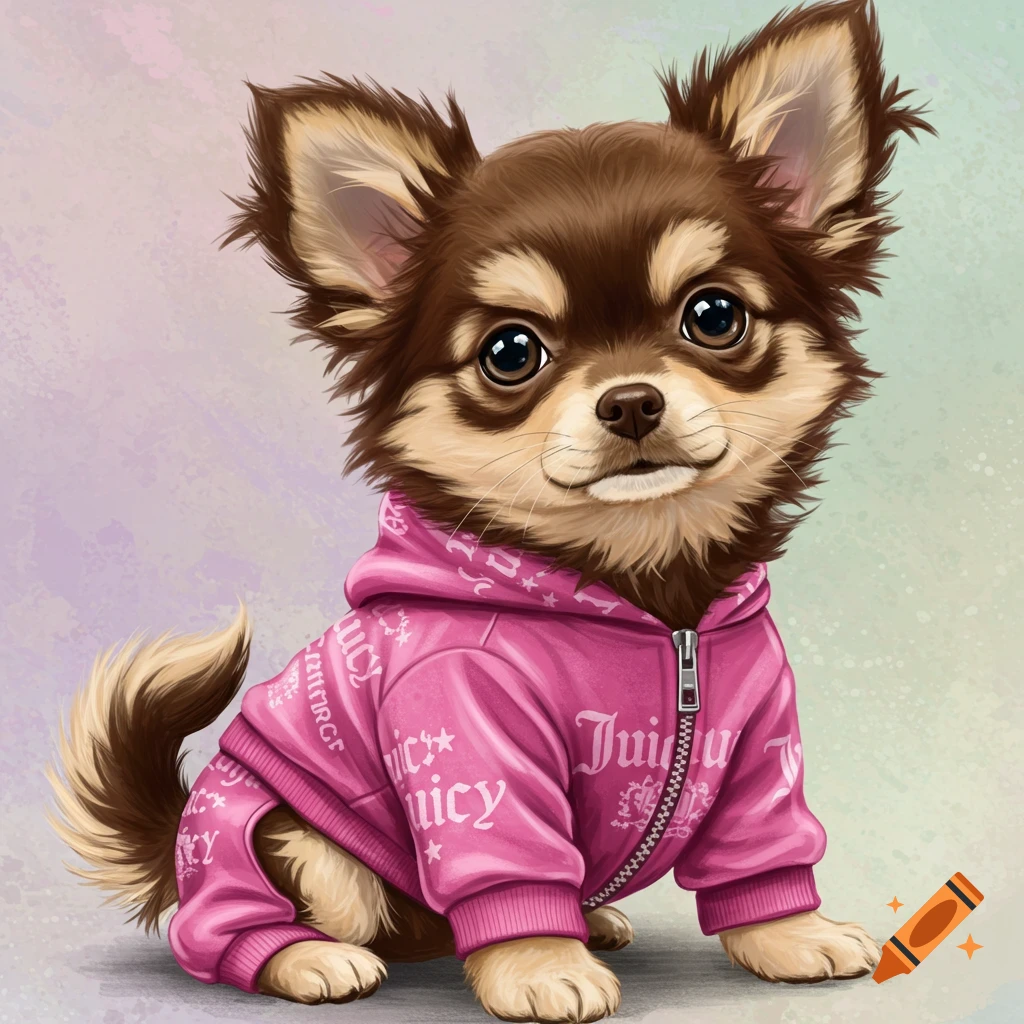 Illustration of a brown and beige chihuahua puppy wearing a pink Juicy hoodie.