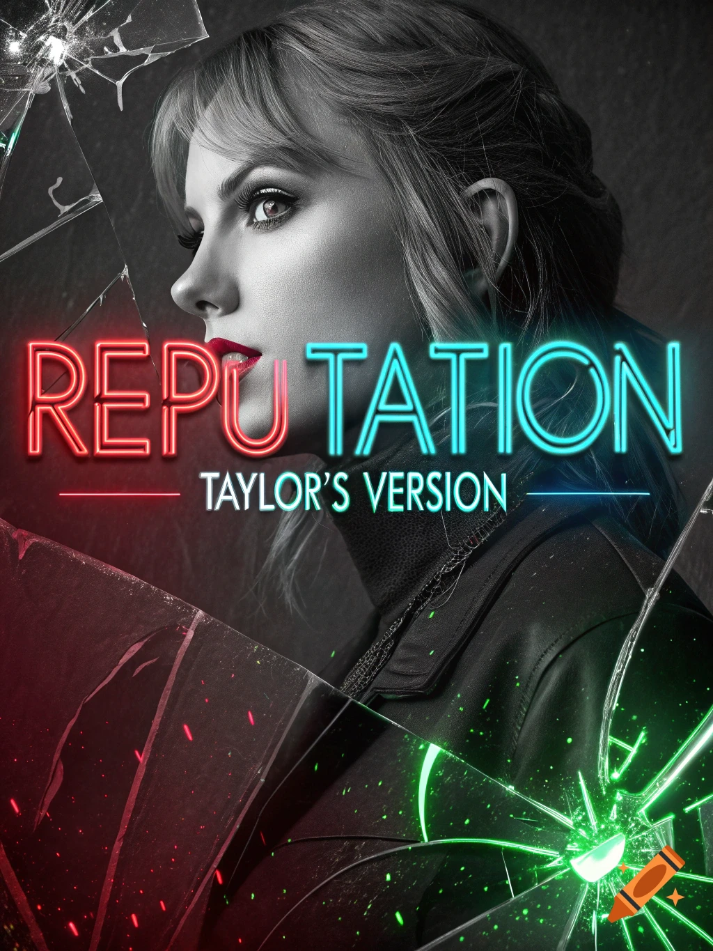 A grayscale portrait of a woman with red lips behind shattered glass, with neon red and blue text "REPUTATION TAYLOR'S VERSION".