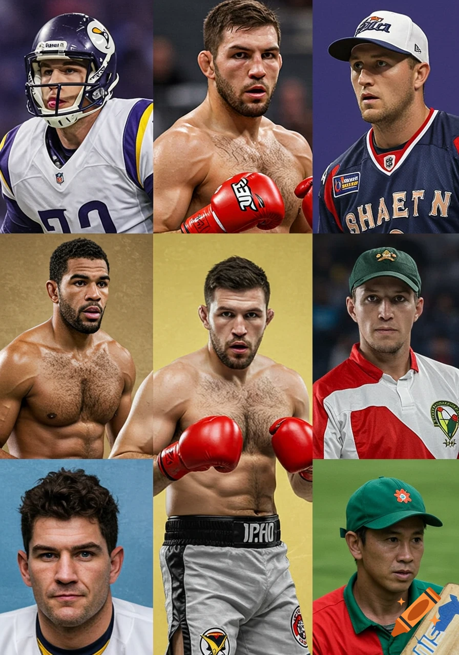 Collage of photo-realistic portraits of diverse male athletes in various sports uniforms and gear.