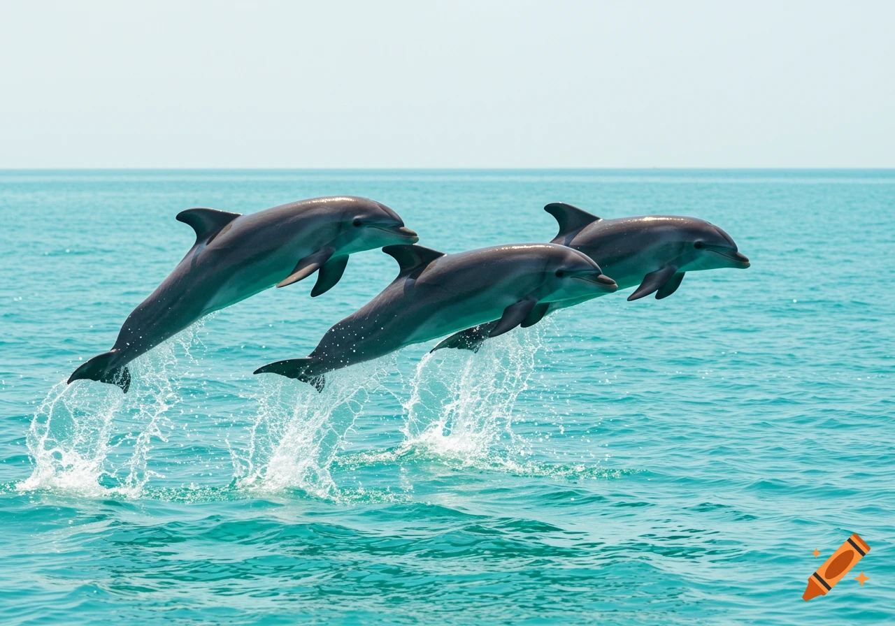 Three dolphins leap from blue ocean water, splashing