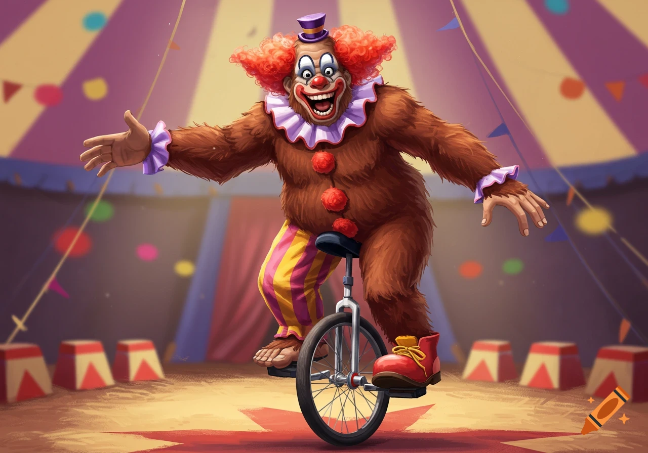 A Bigfoot-like creature dressed as a clown rides a unicycle in a circus tent.