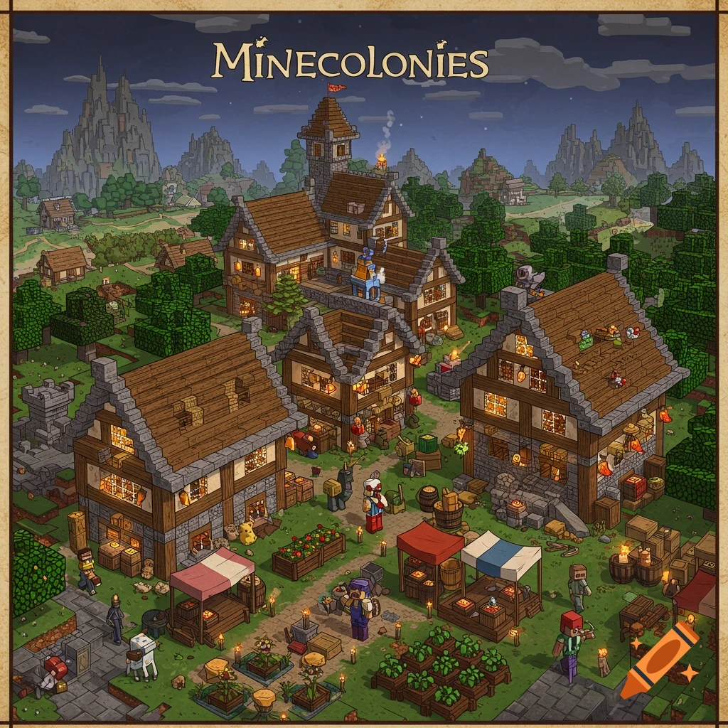 Isometric view of a medieval village in Minecraft style with the title MINECOLONIES.