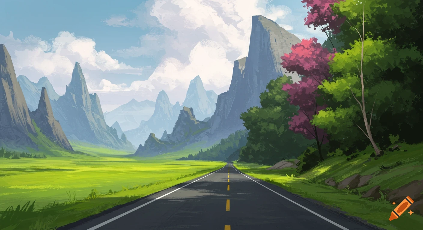 A road leads through a green valley surrounded by tall, pointed mountains and trees under a cloudy sky.