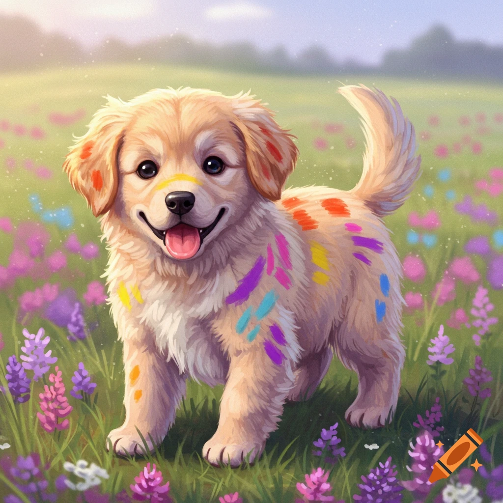 A cute puppy with colorful paint spots stands in a field of purple flowers.