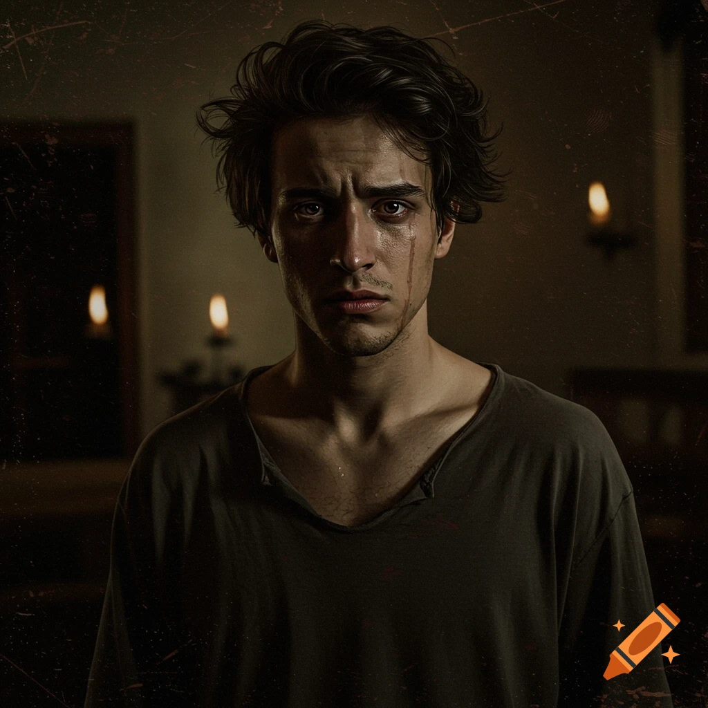 Close-up portrait of a distressed man with streaks on his face in a dark, dramatic style.