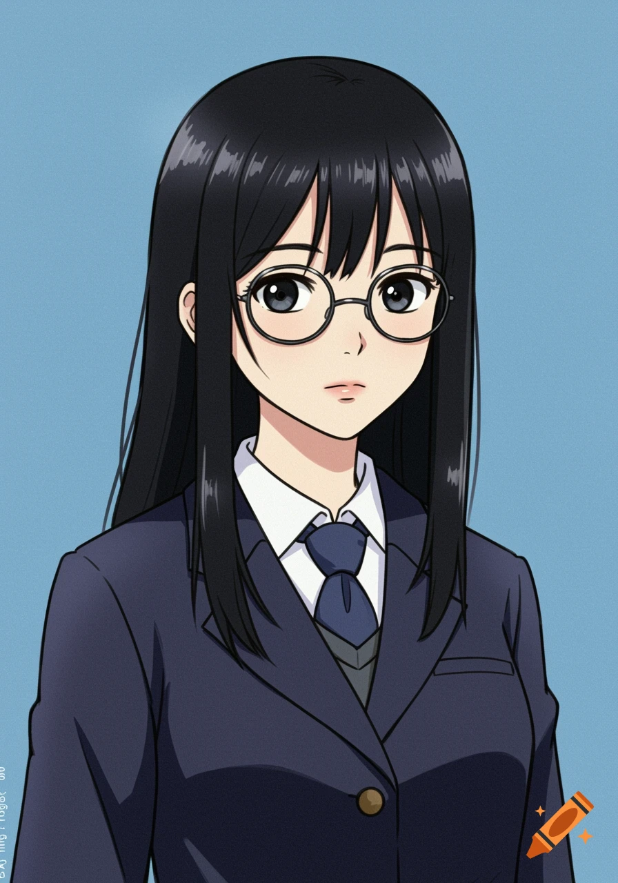 Anime portrait of a black-haired schoolgirl wearing glasses and a dark blue uniform.