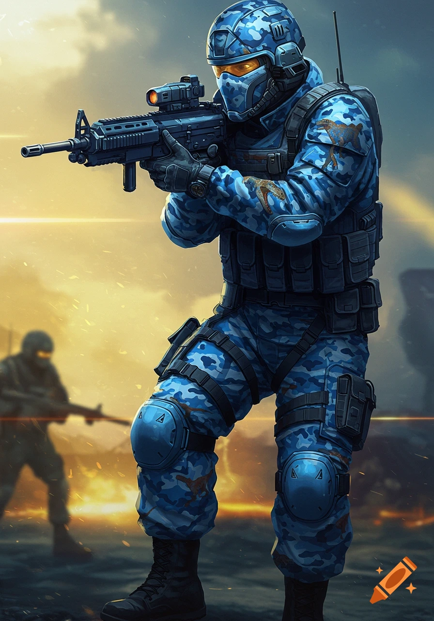A soldier in blue camouflage aims a rifle in a dusty, combat-like setting with another figure in the background.