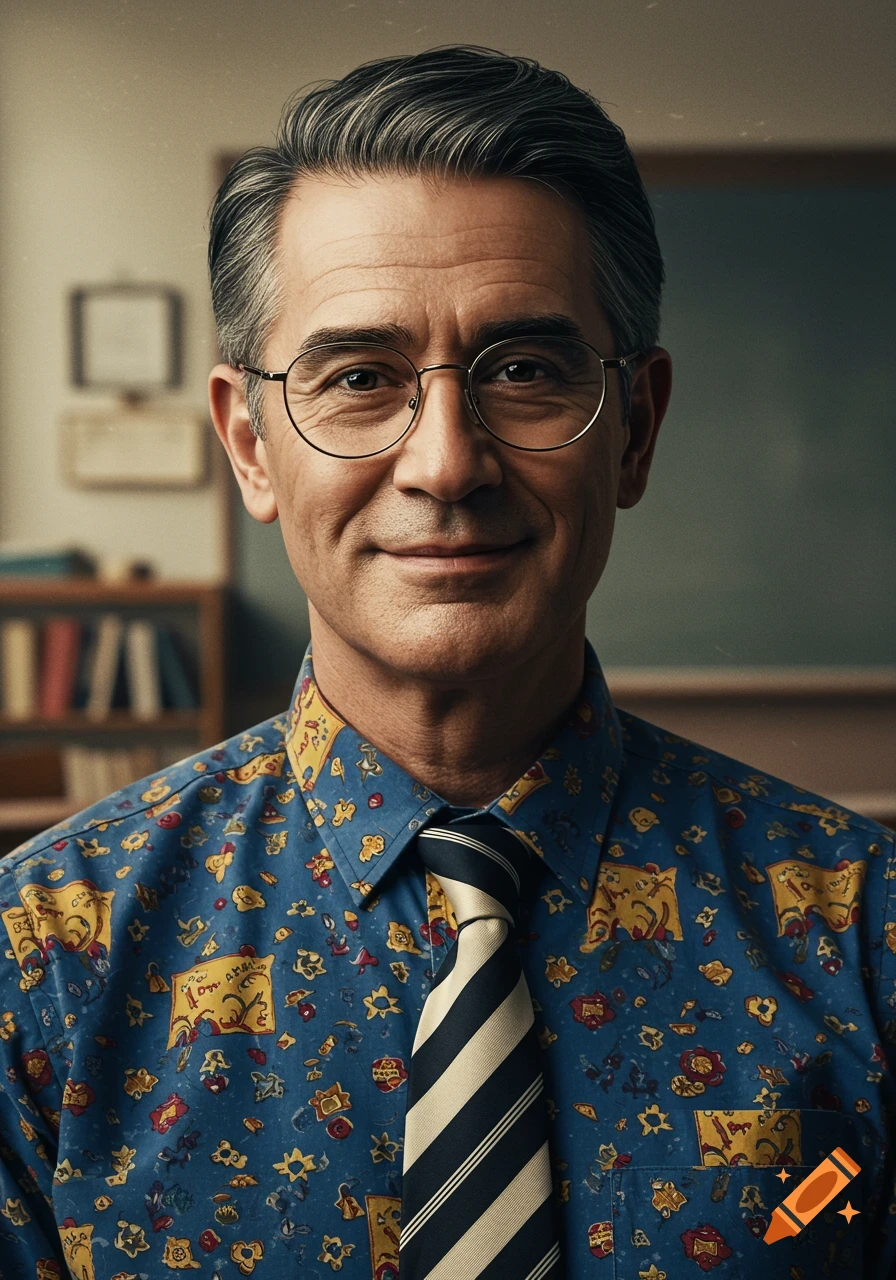 Photorealistic portrait of a smiling middle-aged teacher with glasses, grey hair, wearing a patterned shirt and striped tie in a classroom.