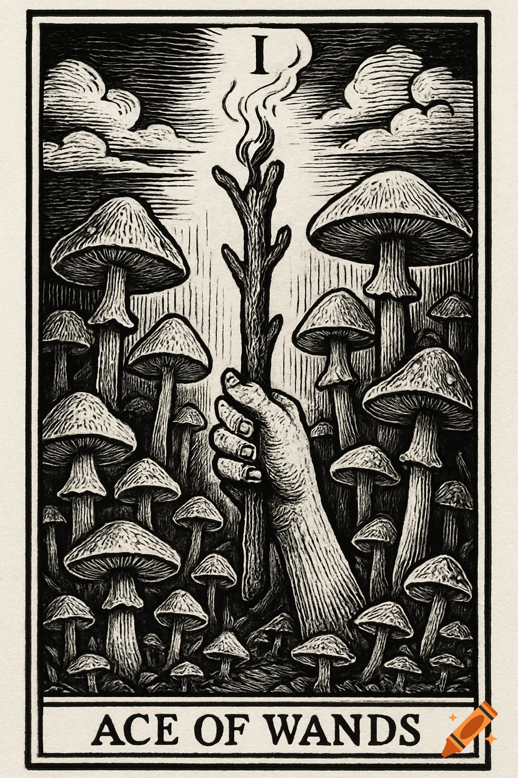 Black and white drawing of Ace of Wands tarot card with hand holding staff among mushrooms.