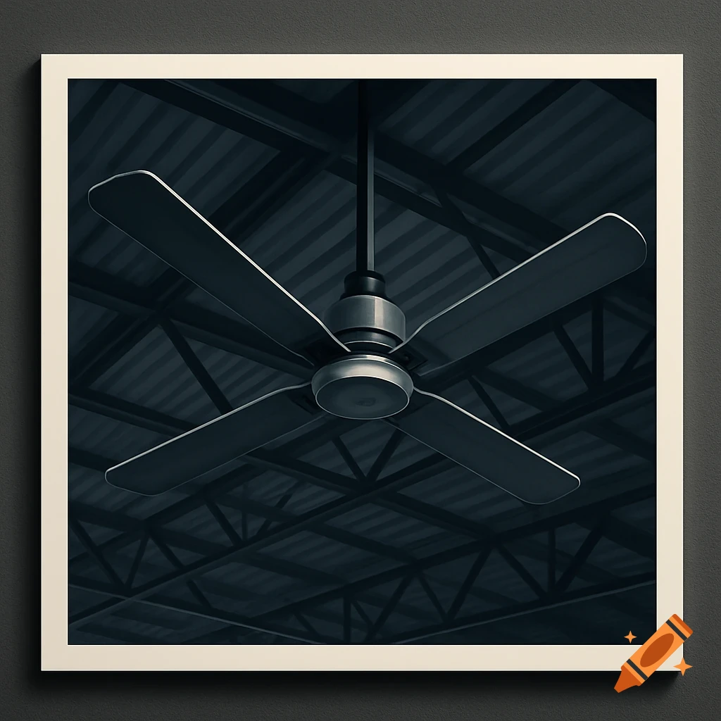 A dark industrial ceiling fan hangs from a metal roof structure.