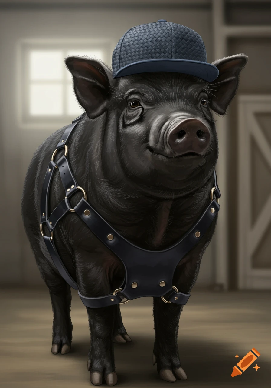 A black pig wearing a blue snapback hat and a black leather harness stands in a barn.