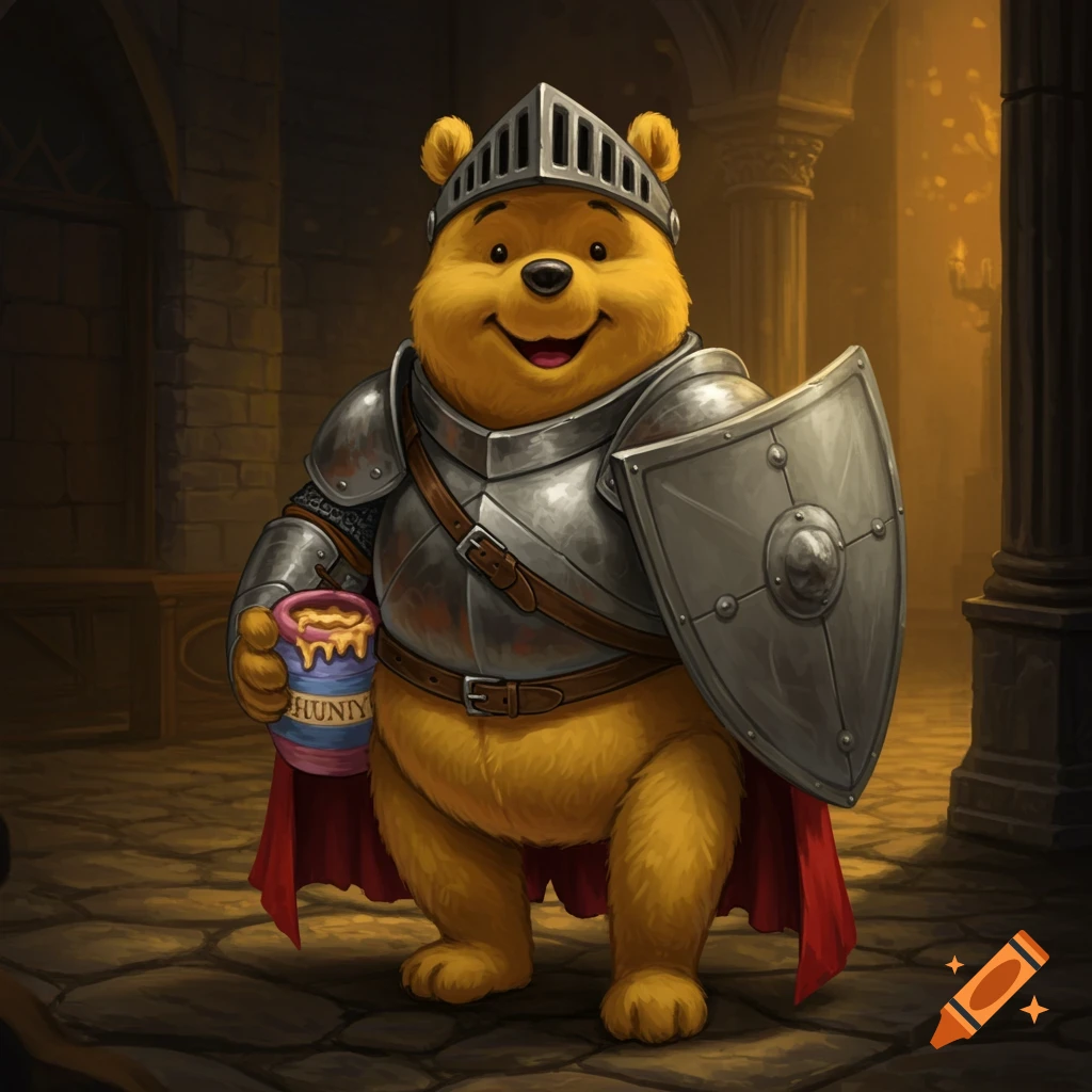 Winnie the Pooh dressed as a knight in armor, holding a pot labeled 'HUNY', standing in a castle hallway.
