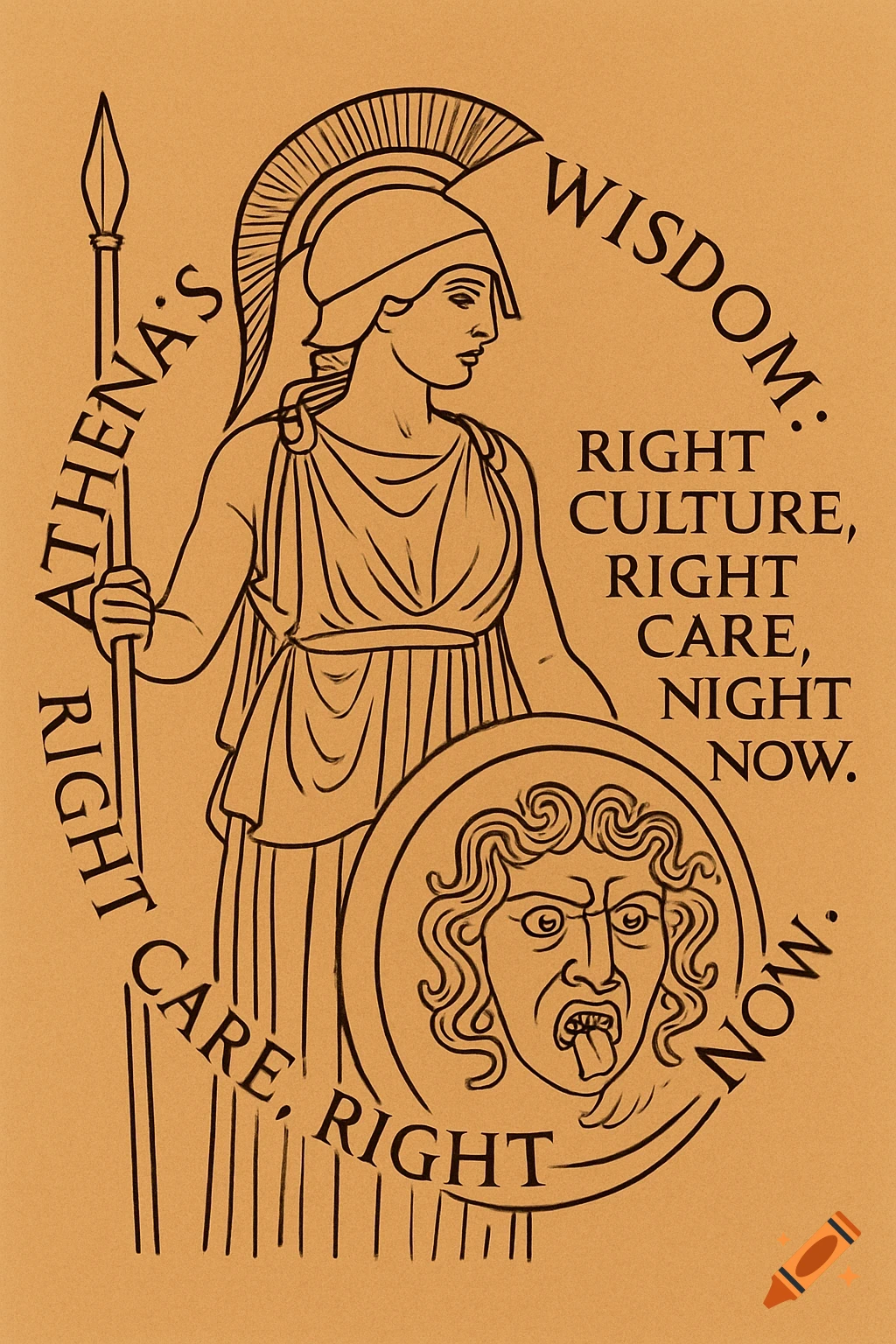 Line drawing of Greek goddess Athena with spear and shield featuring Medusa's head, surrounded by text slogan.
