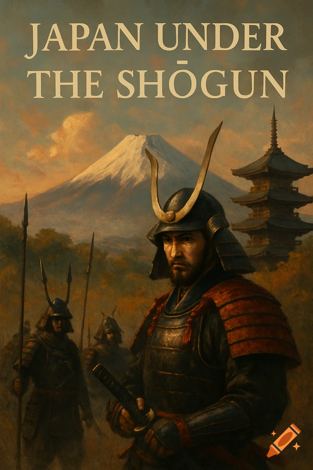 A historical painting depicts samurai in armor standing before Mount Fuji and a pagoda, with the title "JAPAN UNDER THE SH GEN"