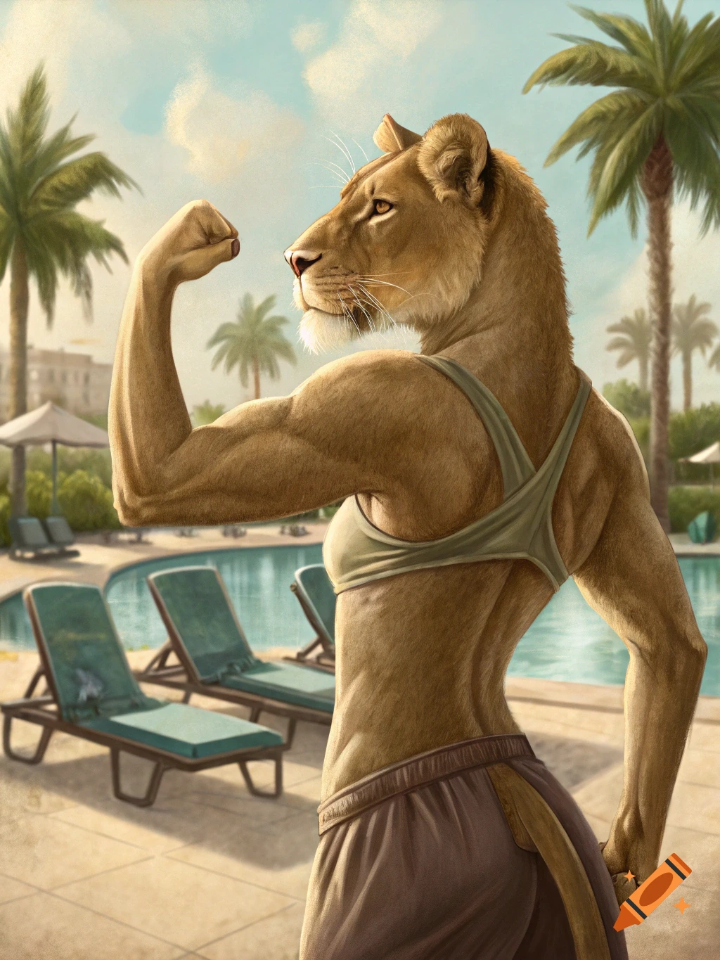 A muscular humanoid lioness flexing her bicep at a poolside.