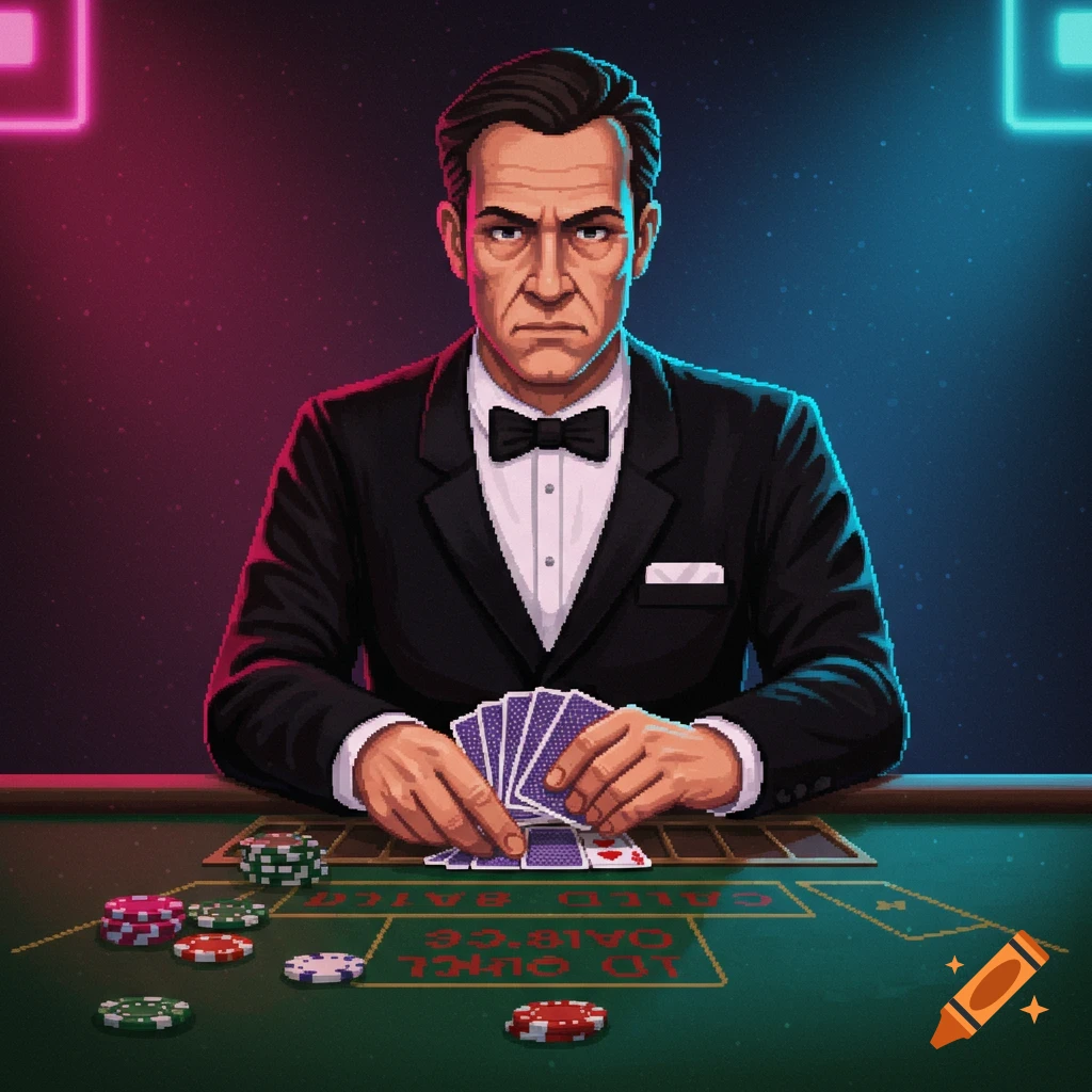A man in a tuxedo deals cards at a green felt casino table in pixel art style.