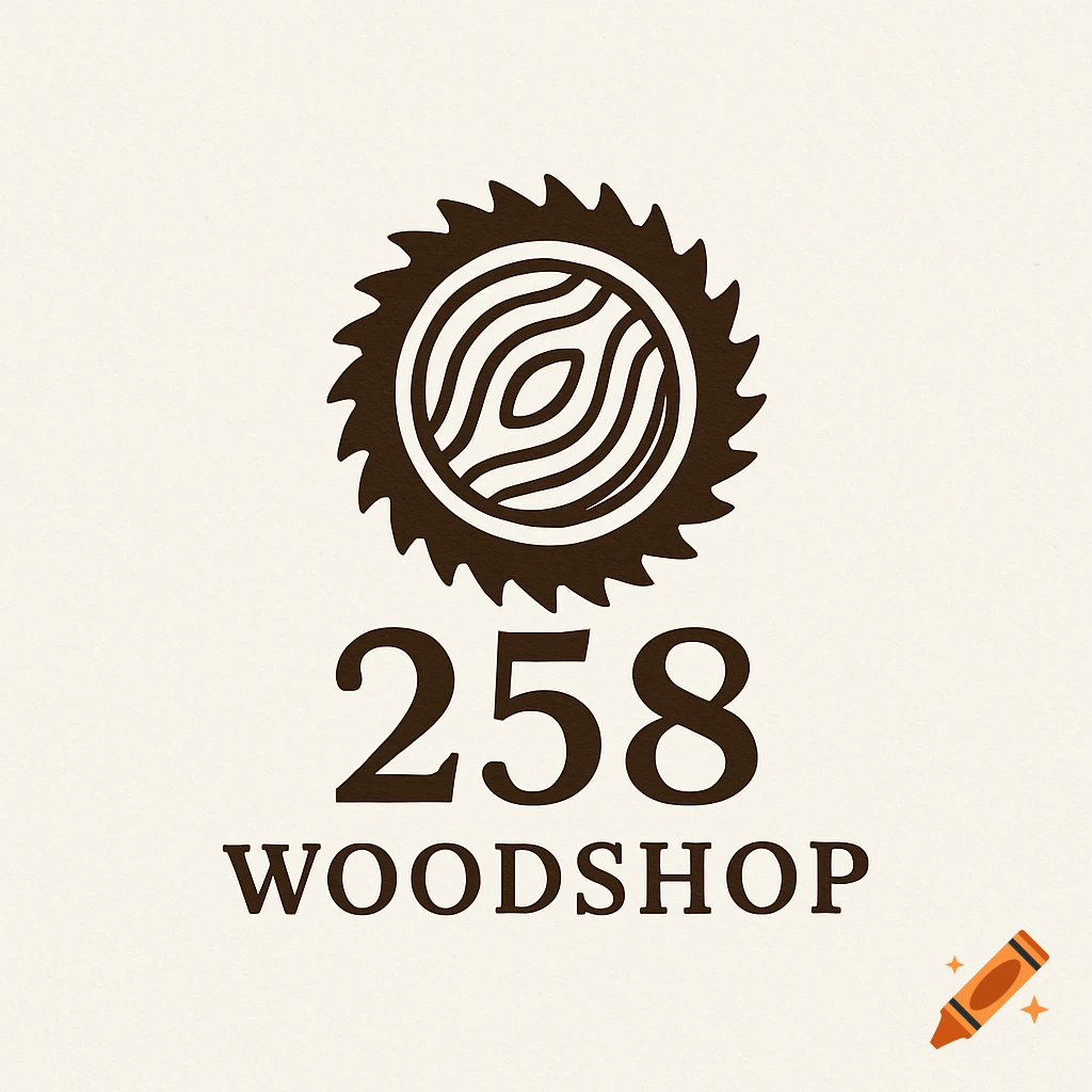 Logo for 258 Woodshop featuring a saw blade icon with wood grain pattern and text.