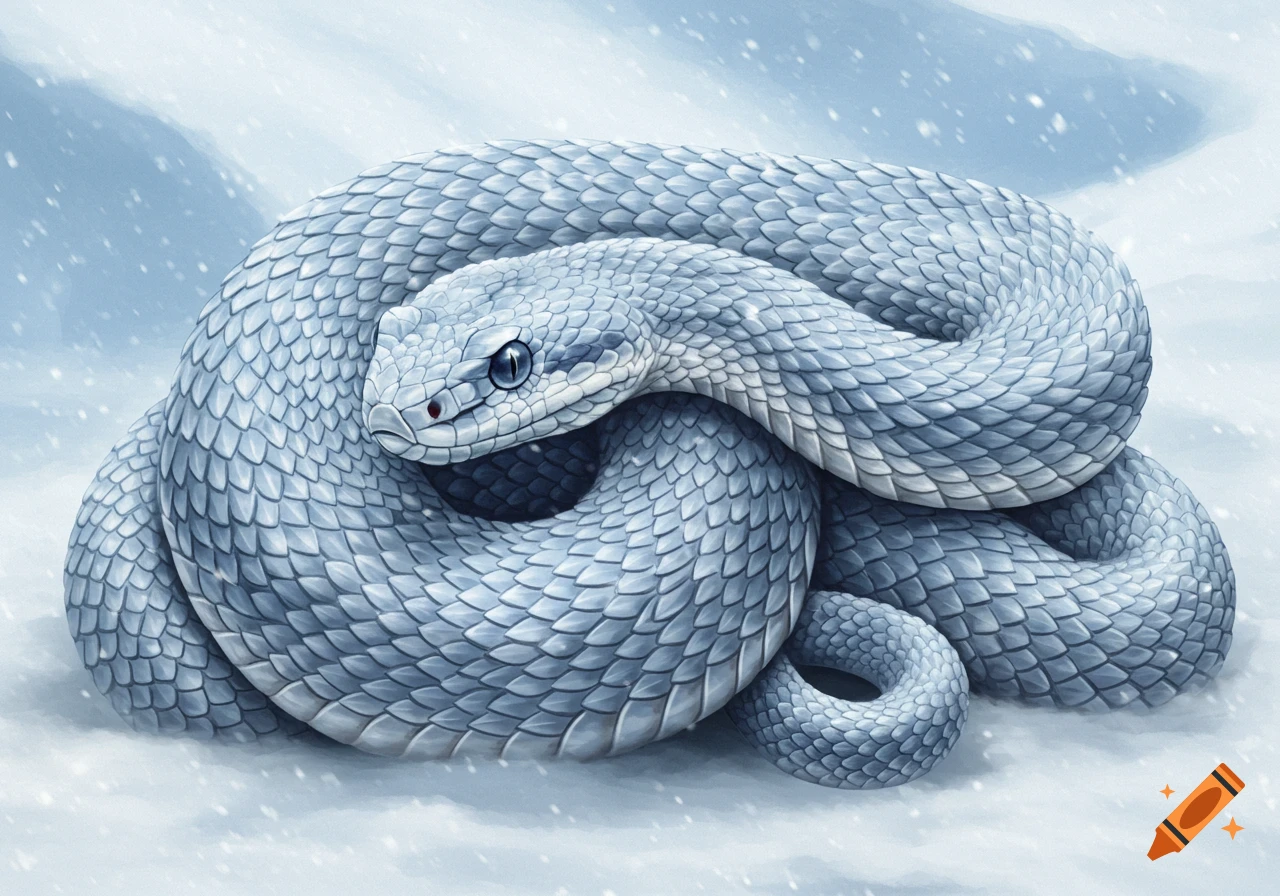 An illustration of a white snake coiled in the snow.
