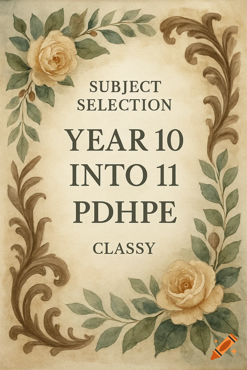 Vintage watercolor flyer with floral border and text: SUBJECT SELECTION YEAR 10 INTO 11 PDHPE CLASSY