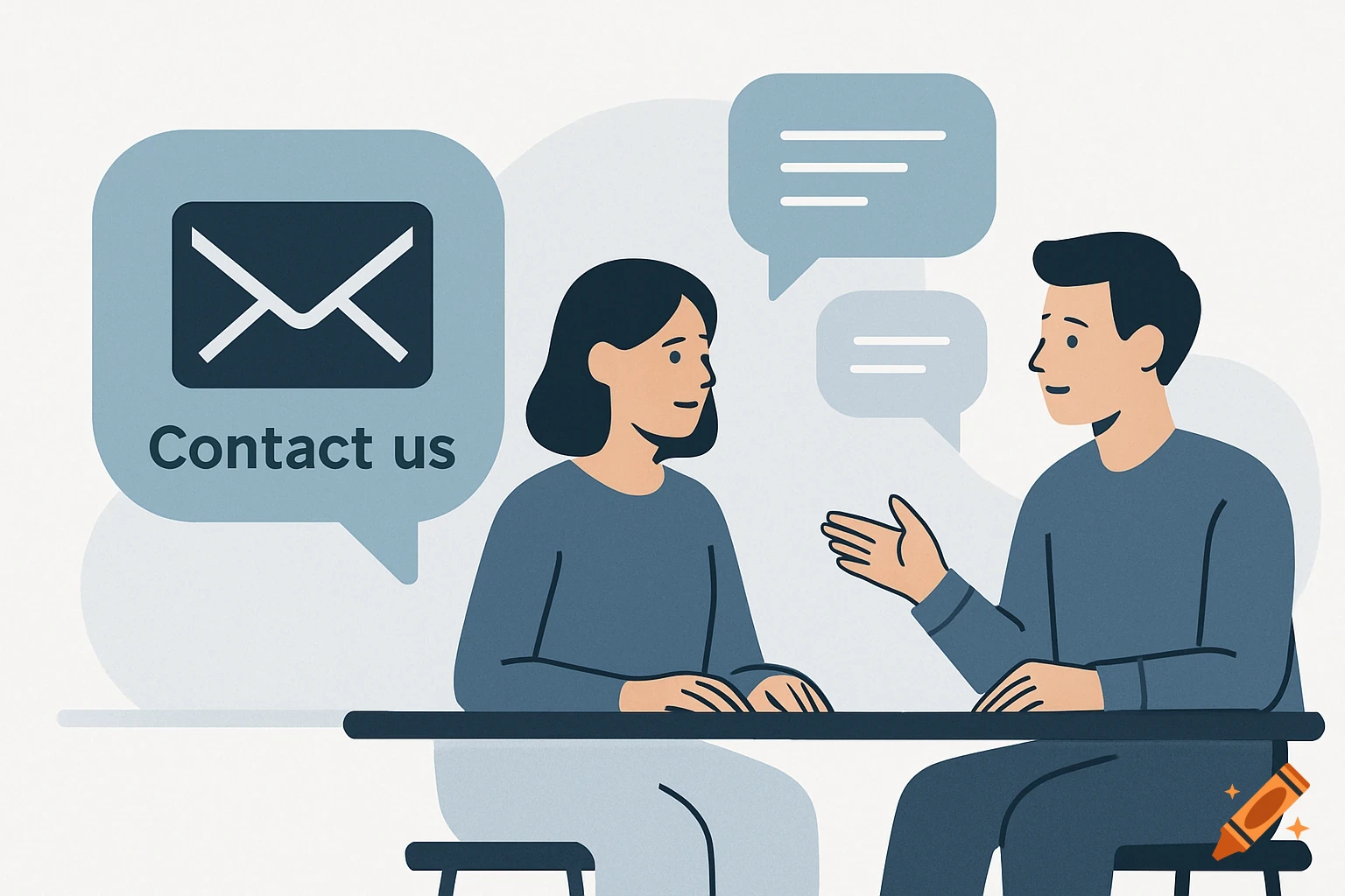 Flat illustration of two people talking at a table with speech bubbles and a 'Contact us' label.