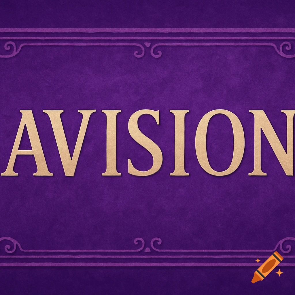 Gold text "AVISION" on a purple background with decorative borders.
