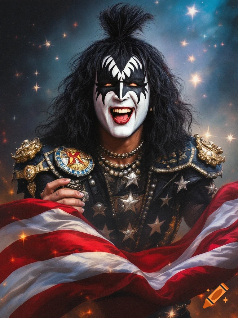 Person in dramatic face paint and costume holds an American flag against a starry background.