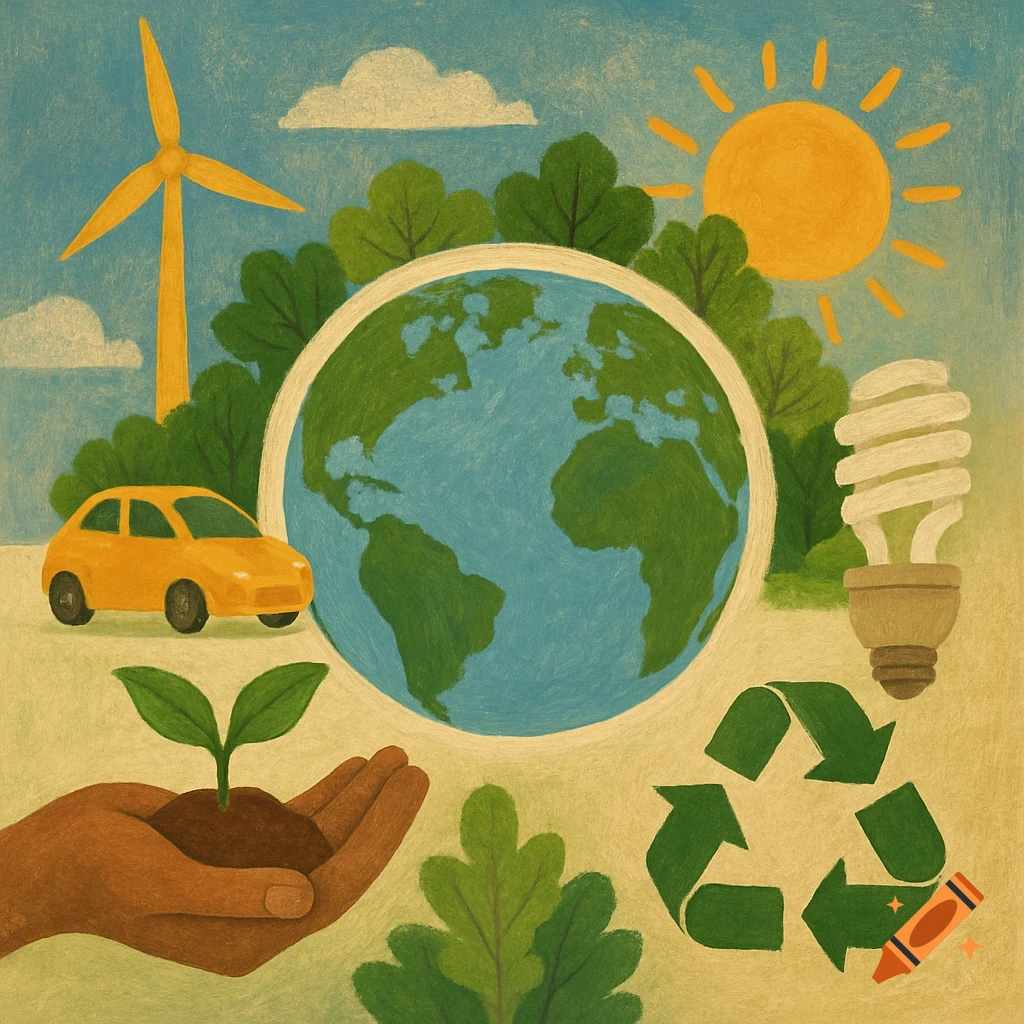 Illustration of Earth with sustainability symbols: recycling, plant, solar, wind power, electric car.