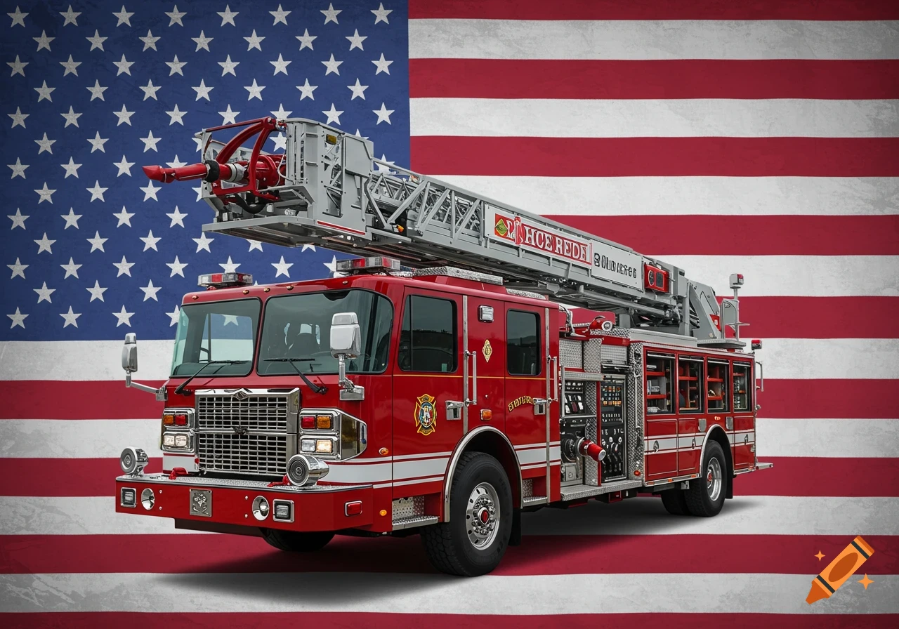 A red fire truck is parked in front of a large American flag.