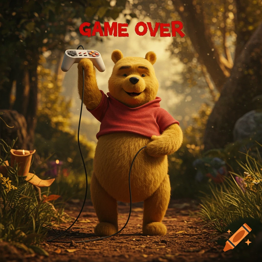Winnie the Pooh holds up a game controller in a forest with 'GAME OVER' text above him. Photorealistic style.