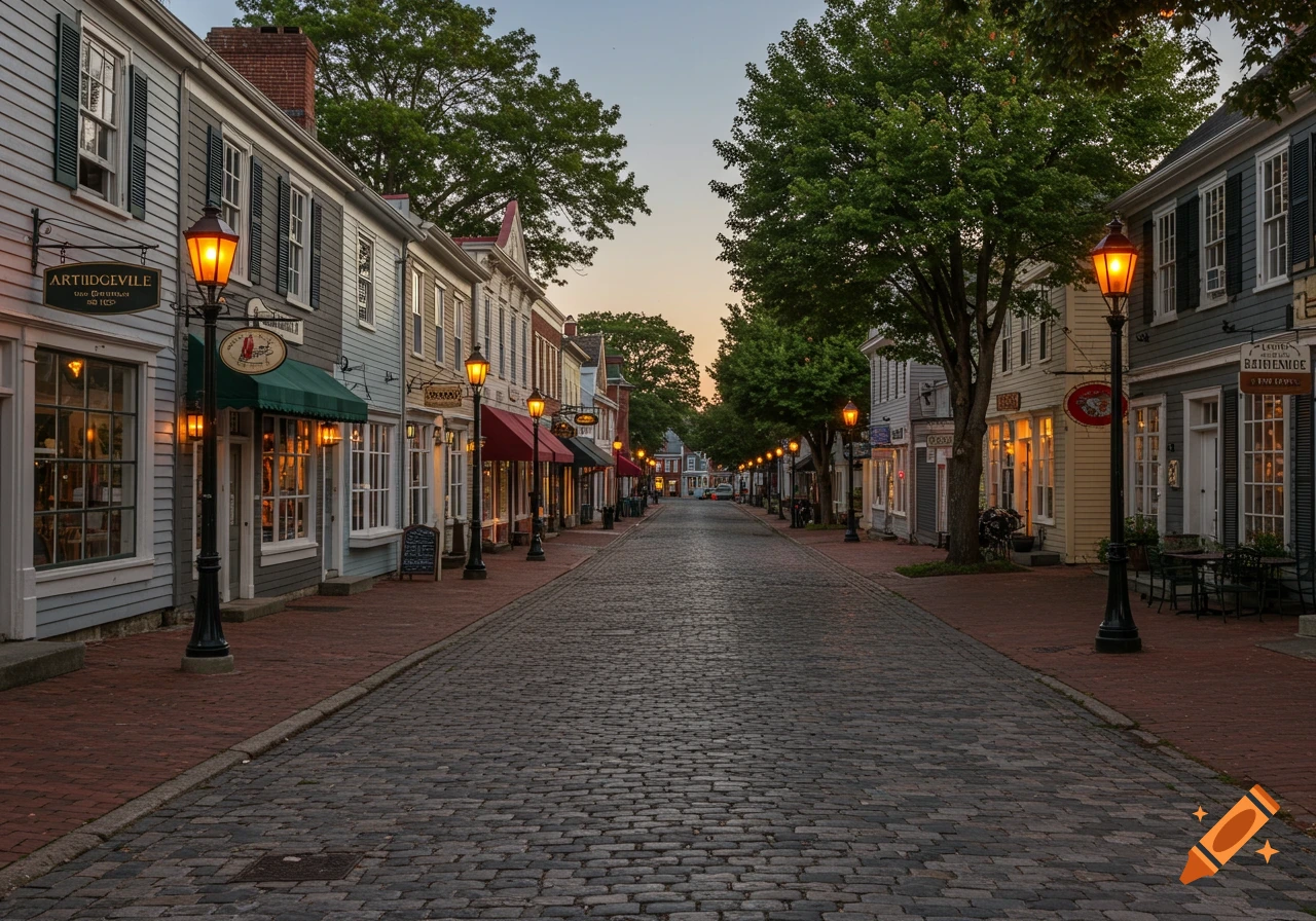 Cobblestone street lined with historic shops and street lamps at dusk