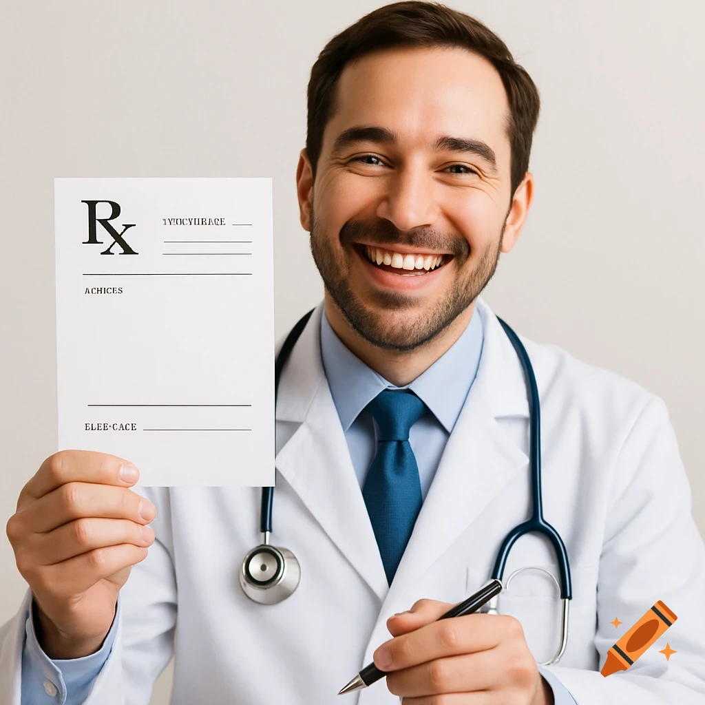 Happy male doctor in white coat holding a pen and prescription.