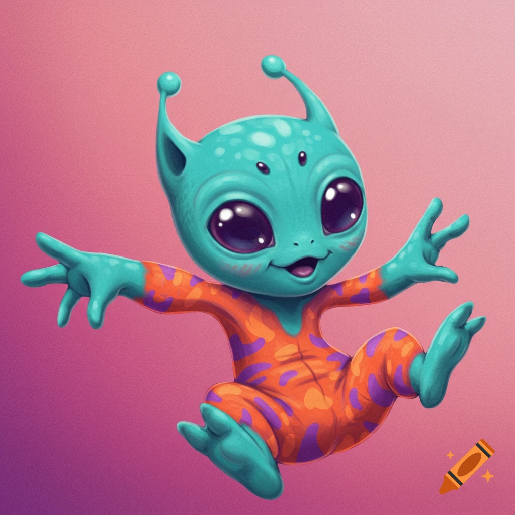 Cute cartoon alien in spotted suit jumping against a pink background.