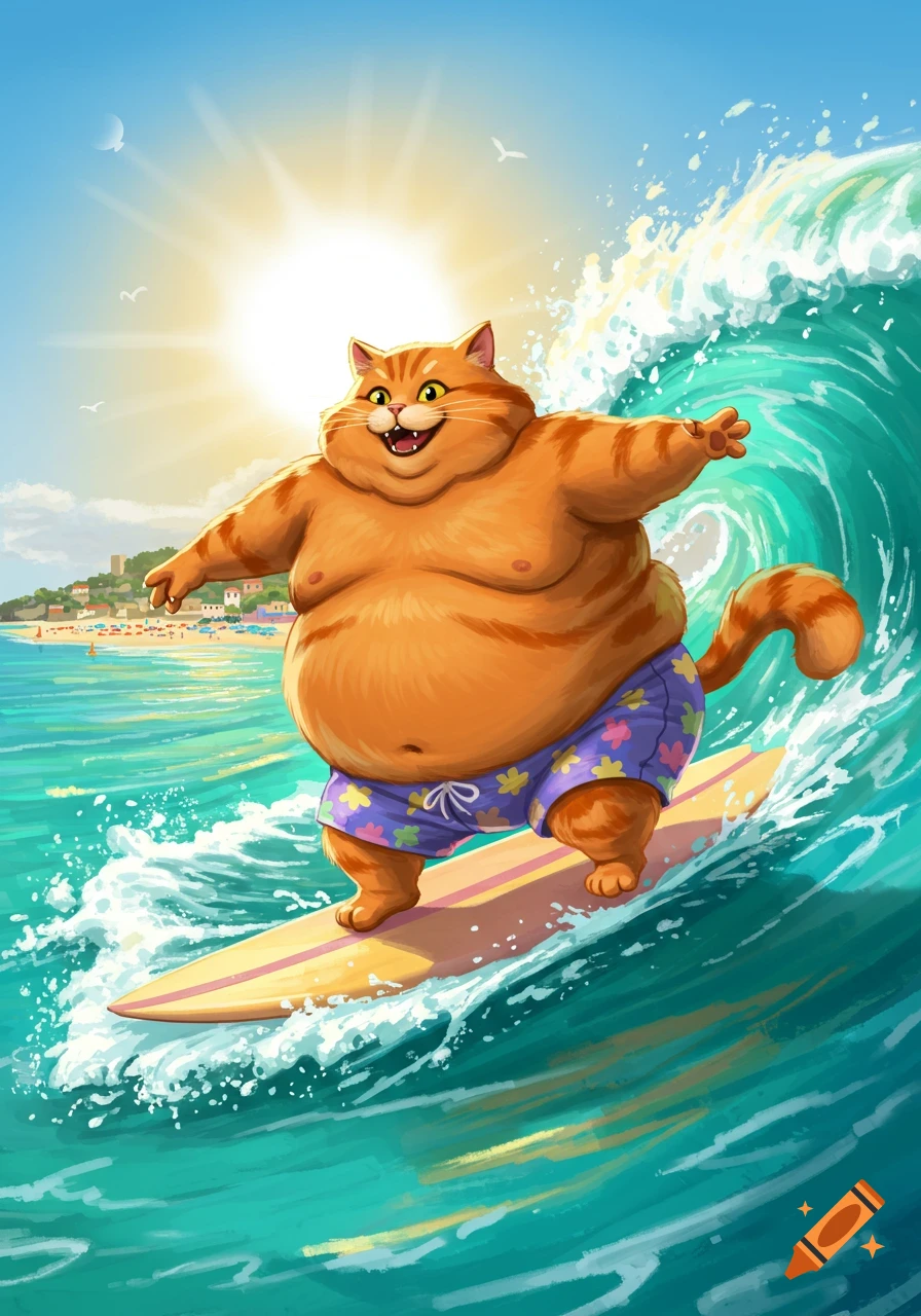 A fat orange cartoon cat surfs a wave on a sunny day with a beach town in the background.
