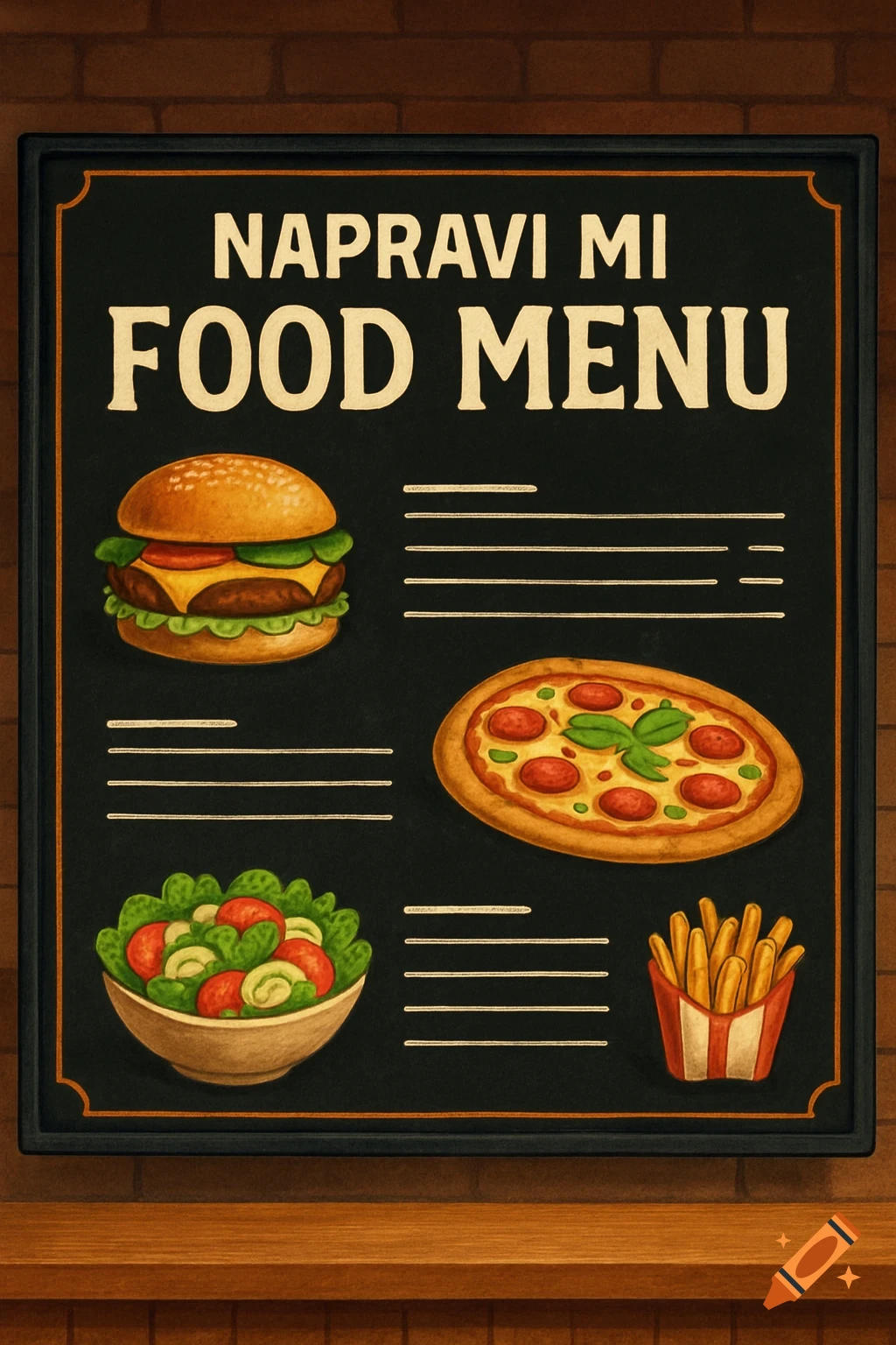 Stylized illustration of a food menu board with text, featuring a burger, pizza, salad, and french fries.