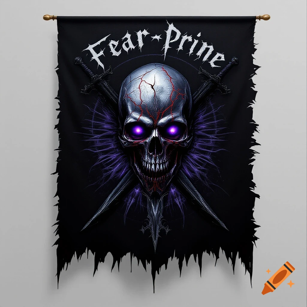 Dark fantasy banner with silver skull, purple eyes, red cracks, crossed swords, and 'Fear-Prine' text.