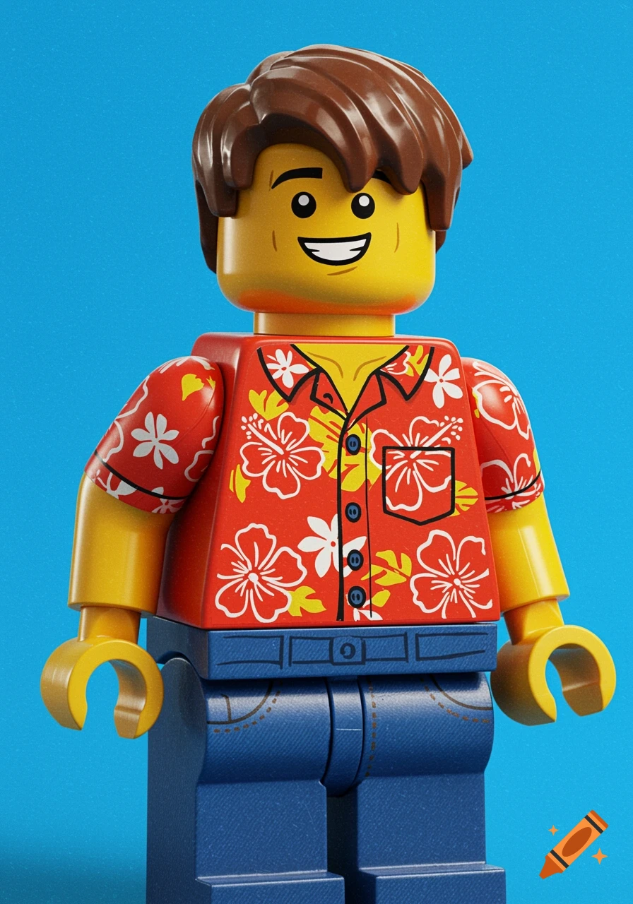 A Lego figure wearing a red Hawaiian shirt and blue jeans against a blue background.