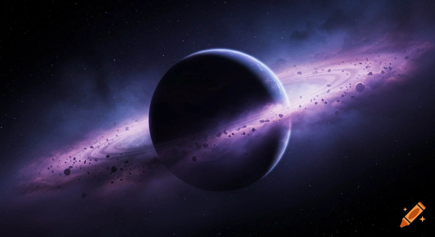 A dark planet with prominent purple rings and nebula against a starry space background.
