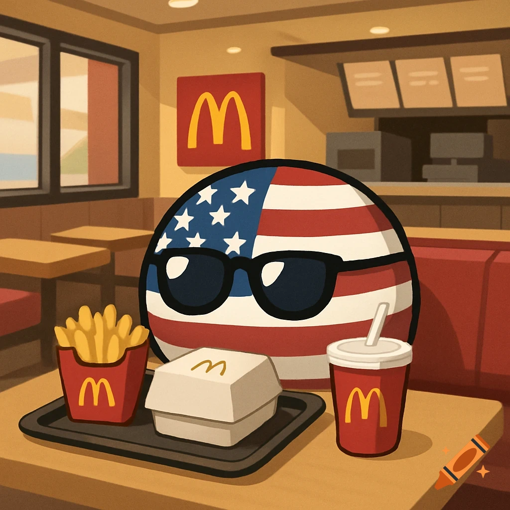 USA countryball wearing sunglasses at a McDonald's table with food.