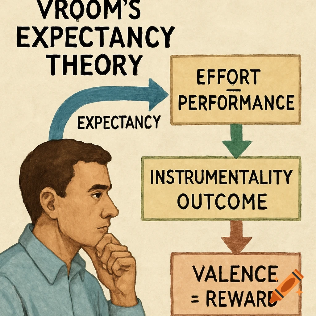 Illustration of a thinking man next to a flowchart explaining Vroom's Expectancy Theory.