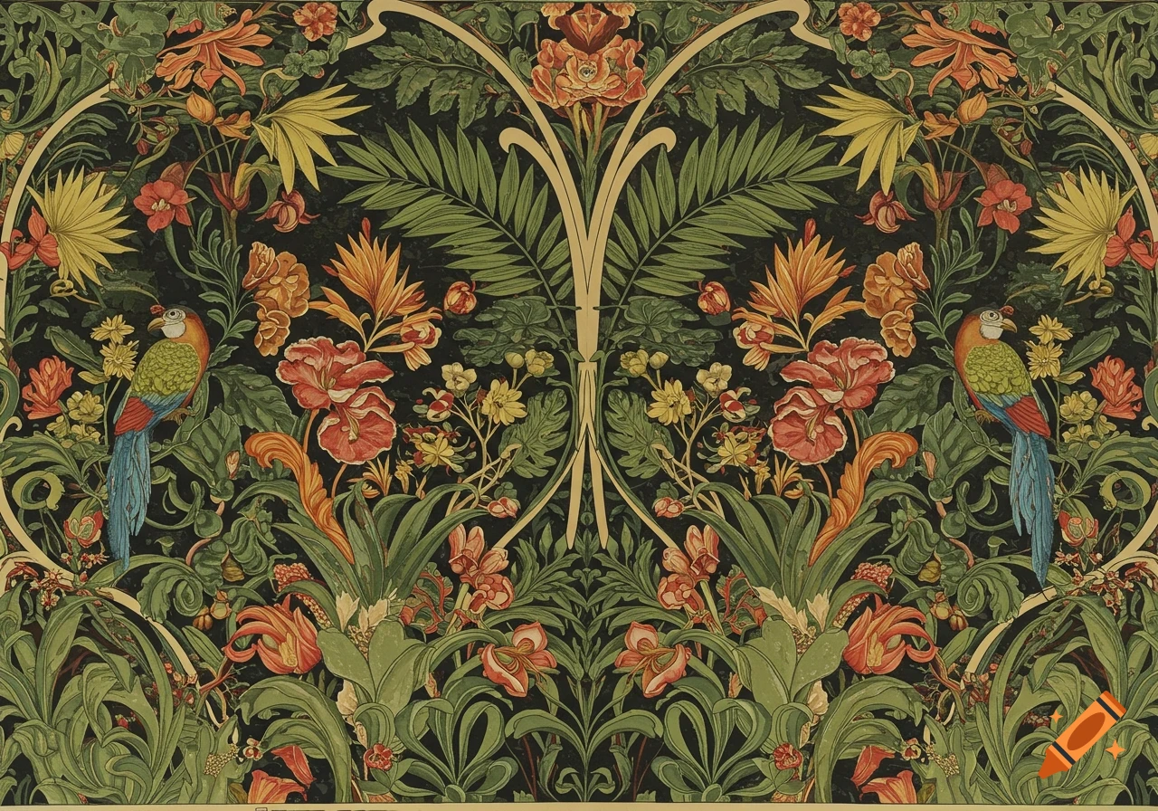 Art Nouveau jungle pattern with parrots, plants, and flowers
