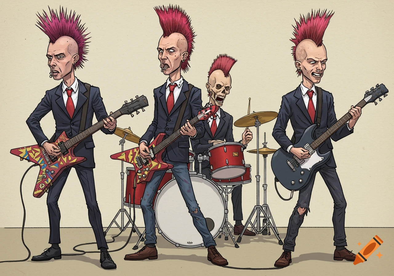 Stylized illustration of a punk rock band in suits, including a skeleton drummer.
