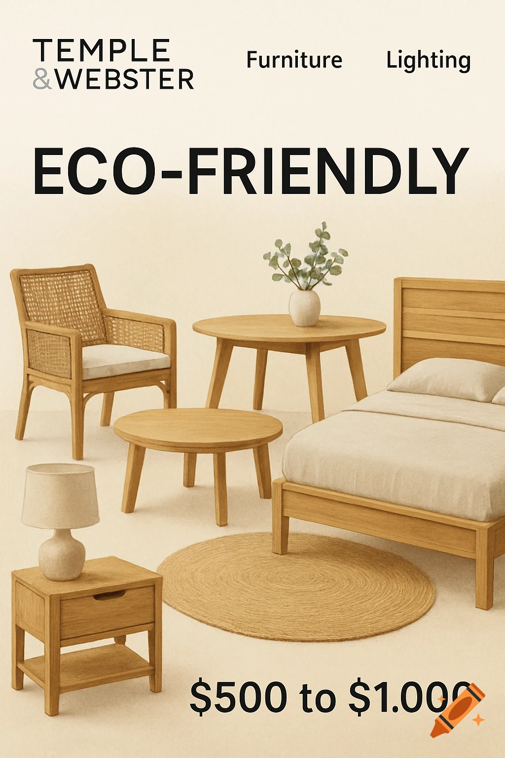 A collection of eco-friendly wood furniture including a bed, tables, chair, and nightstand, with text labels.
