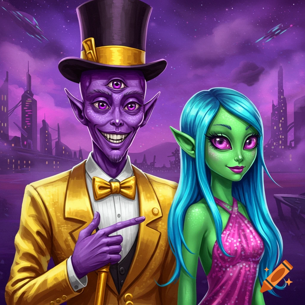 Illustration of a purple male alien in a top hat and gold suit pointing, next to a green female alien in a pink dress, with a city skyline and spaceships in the background.