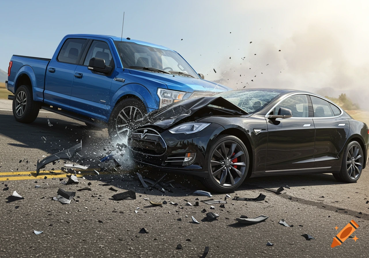 A blue Ford F-150 pickup truck crashes into a black Tesla sedan on a road.