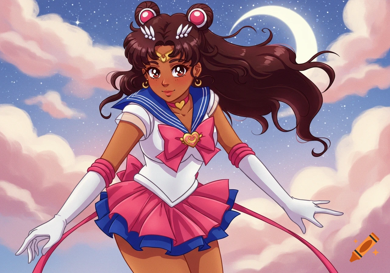Anime portrait of a Latina woman dressed as Sailor Moon, with dark hair, against a starry sky with clouds and a crescent moon.