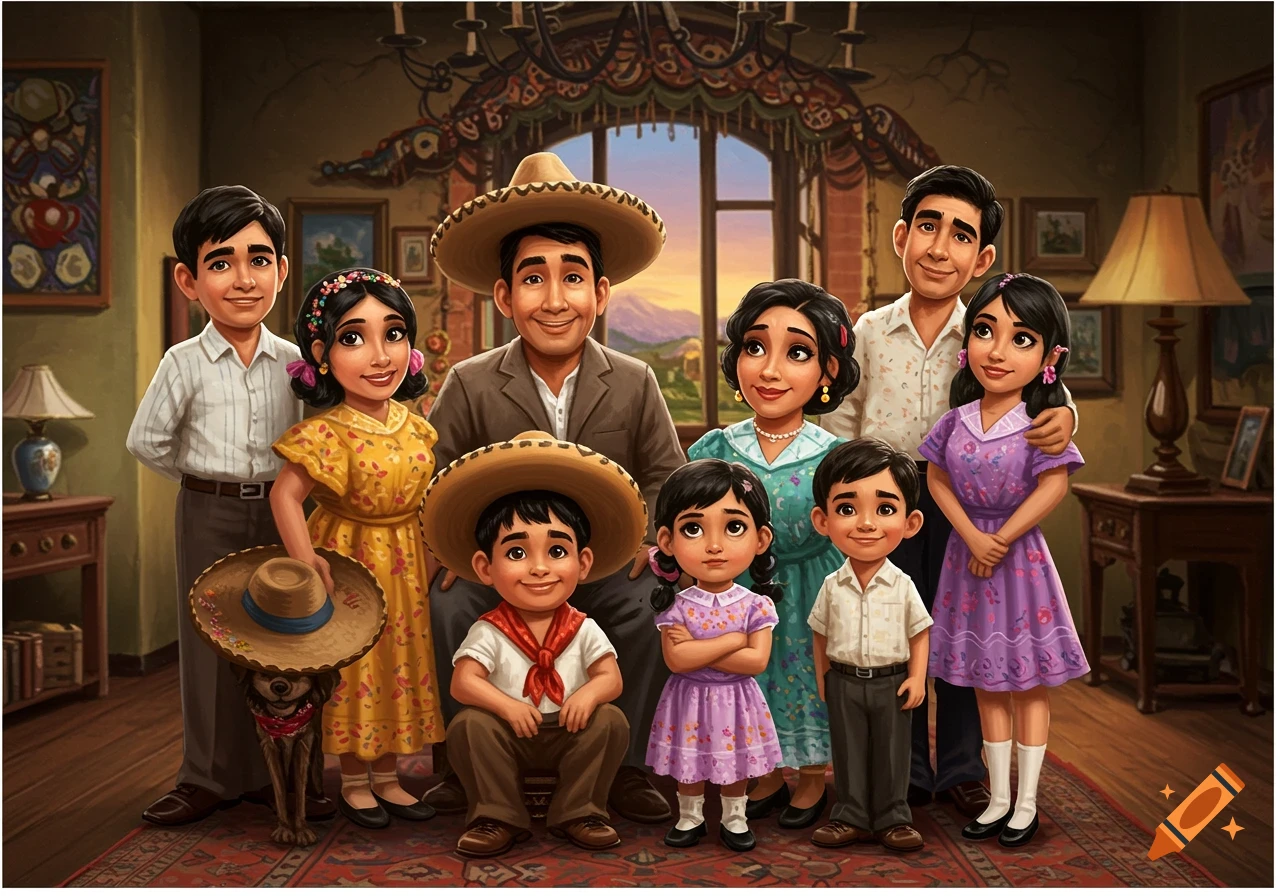 Cartoon portrait of a large Mexican family with parents, children, and a dog posing indoors with traditional decor.